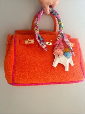 Beach Haus Orange Terry Tote with Pink Trim and Scarf-Wrapped Handle
